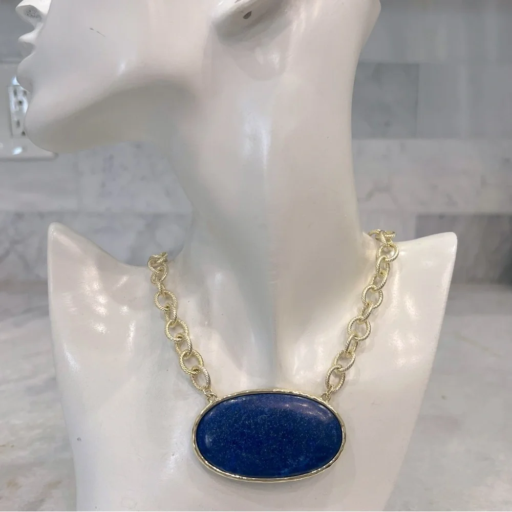 Lapis Lazuli Oval Pendant Fancy Chain Necklace - Picture 7 of 12